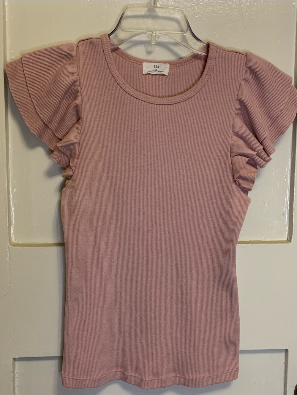 T.La Ribbed Light Pink T-Shirt Dual Flutter Ruffle Sleeves From Anthropologie